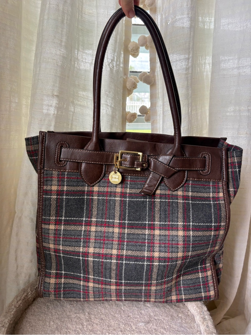 Tommy Hilfiger Plaid Tote Bag with Brown Leather Trim